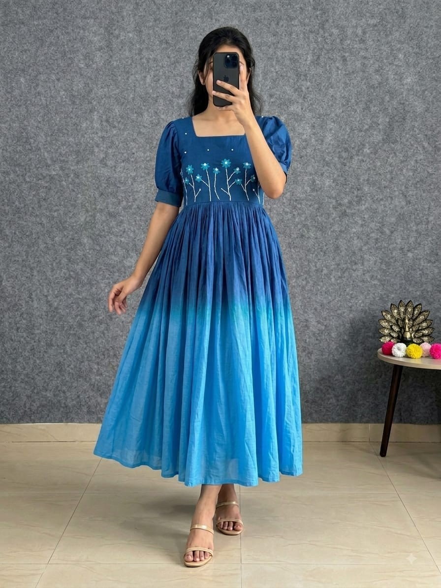 Soft Mul Cotton Ombre Gown with Pearl & Thread Handwork